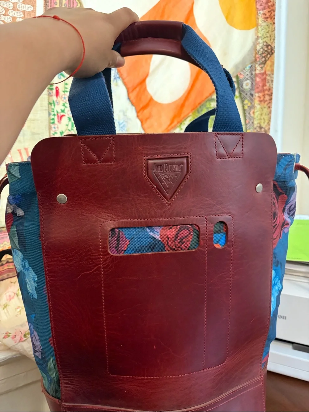 John Fluevog Leather & Floral Canvas Large Tote Bag